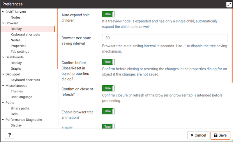 Preferences dialog - Browser Display options